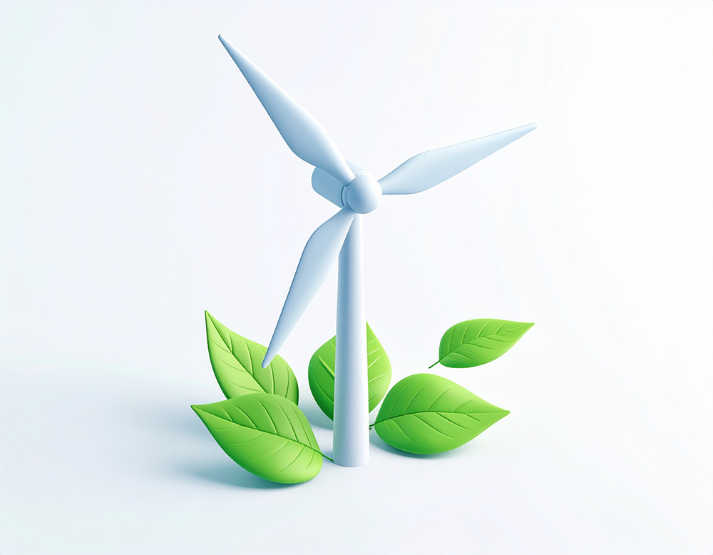 環境に優しい風力発電機と緑の葉っぱが描かれたエコなイメージの無料イラスト