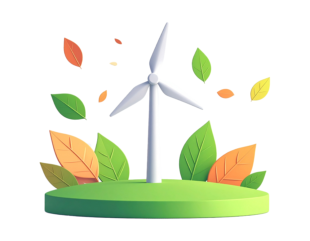 緑の丘の上に立つ風力発電機と色とりどりの葉っぱが描かれた自然と共生するイメージの無料イラスト