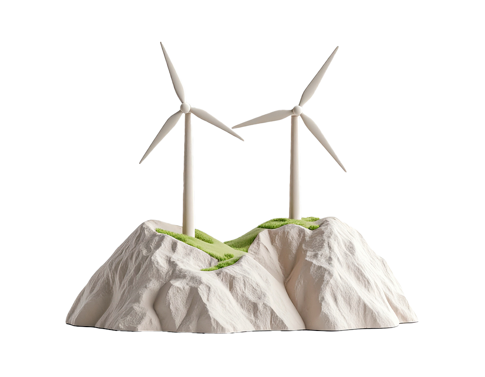 山間に立つ二基の風力発電機を描いた、景観と調和するイメージの無料イラスト