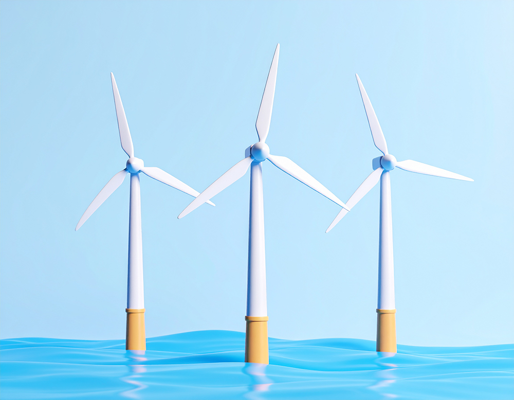 青い海に立つ三基の風力発電機を描いた、洋上風力発電のイメージの無料イラスト