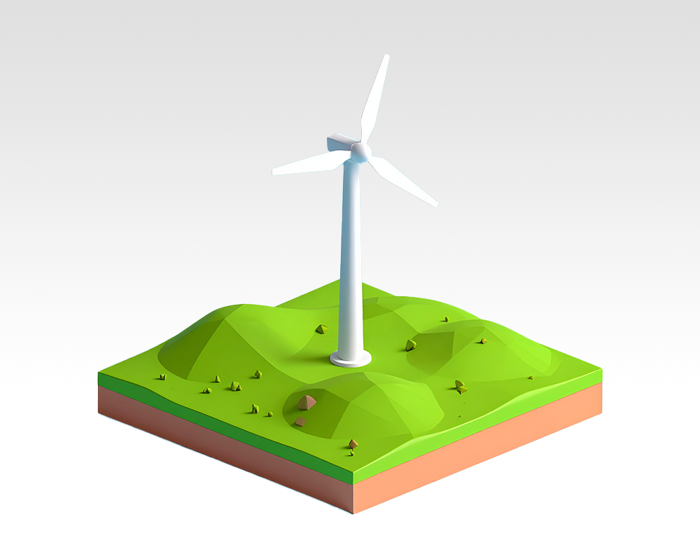 低ポリゴンの緑の丘の上に立つ白い風力発電機のイラスト