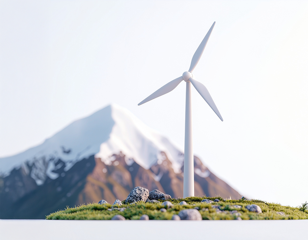 雪山を背景に岩の多い草原に立つ白い風力発電機のイラスト