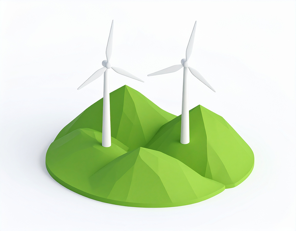 低ポリゴンの緑の丘に二つ並んで立つ白い風力発電機のイラスト