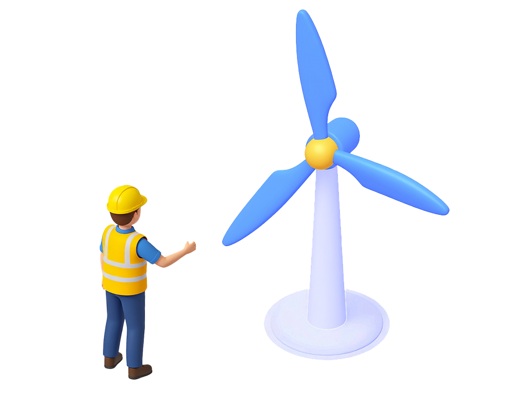 ヘルメットをかぶった作業員が青い風力発電機を見ているイラスト