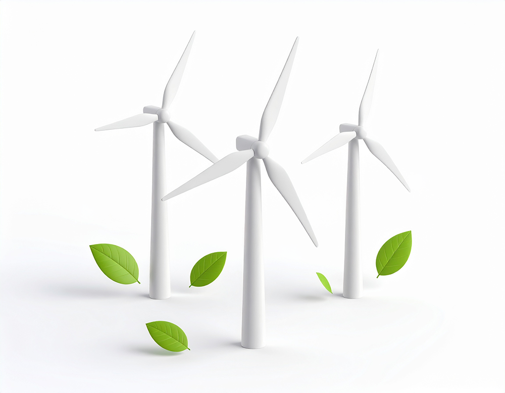 白い背景に3つの風力発電機と緑の葉っぱが並んだイラスト