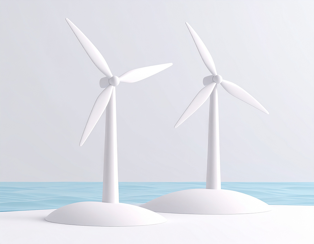 穏やかな海に浮かぶ2つの風力発電機のイラスト