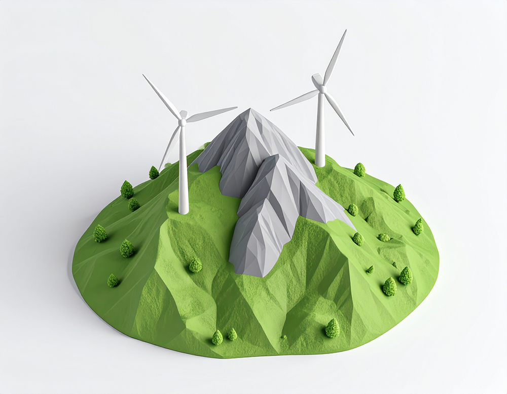 山と緑の丘に立つ2つの風力発電機のイラスト