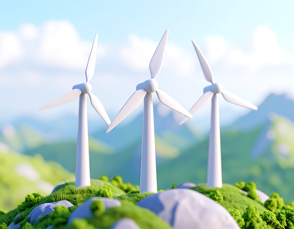 緑豊かな山の上に立つ3つの風力発電機のリアルなイラスト