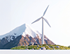 雪山を背景に岩の多い草原に立つ白い風力発電機のイラスト