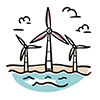 This free illustration depicts three wind turbines (wind power generation) at sea. 