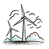 This free illustration depicts two wind turbines, one large and one small, and clouds in the sky. 