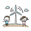Free illustration of a boy and girl celebrating in front of a wind turbine. 