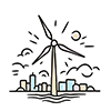 A free illustration of urban buildings and wind turbines. 