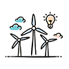 This free illustration depicts multiple wind turbines and a light bulb representing inspiration. 