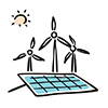 Free illustration of solar panels and multiple wind turbines. 