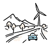 A free illustration of a car driving on a mountain road and a wind turbine. 