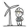 Free illustration of a hardhatted worker and a wind power plant. 