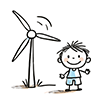 Free illustration of a smiling boy with his arms outstretched in front of a wind turbine. 