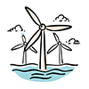 Free illustration of three wind turbines (wind power generation) and clouds on the sea. 