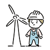 This free illustration shows a hardhatted worker looking up at a wind turbine with a troubled expression. 