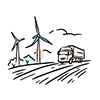 Free illustration of a truck driving along a road and two wind turbines. 