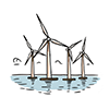 Free illustration of three wind turbines (wind power generation) standing on the sea. 