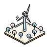A free illustration of a wind turbine standing on a pedestal and surrounded by trees. 