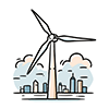 This free illustration depicts a cityscape and a giant wind turbine. 