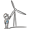 Free illustration of a hardhatted worker pointing at a wind turbine. 