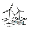 A free illustration of a wind turbine and a house on a hill. 