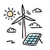Free illustration of a wind turbine, solar panels, and the sun. 
