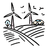 A free illustration of a wind turbine and a car driving on a road. 