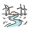 Free illustration of wind turbines on both sides of a river. 