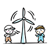 Free illustration of a worker giving a presentation in front of a wind turbine. 