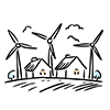 Free illustration of wind turbines and houses lined up next to each other. 