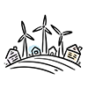 This free illustration depicts multiple houses and wind turbines on a hill. 