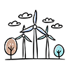 This free illustration features a wind turbine, colorful trees, and clouds. 