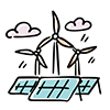 Free illustration of a wind turbine, solar panels, and clouds. 