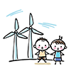 This free illustration depicts two children with surprised expressions in front of a wind turbine. 