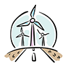 This free logo-style illustration depicts multiple wind turbines against a road background. 