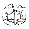  This free logo-style illustration depicts multiple wind turbines standing on a hill. 