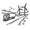 A free illustration of a truck traveling on a mountain road and two wind turbines. 