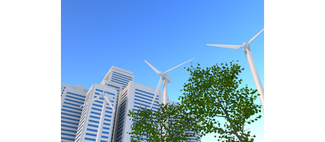 風力発電機｜ビル｜木々 | タービン | 環境・自然・エネルギー・災害 - エネルギー / 地球 / 自然 / 環境 / 写真 / イラスト / フリー素材 / ダウンロード