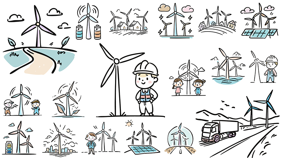 風力発電や太陽光発電など自然エネルギーをテーマにした無料イラスト素材のセット。商用利用OKでクレジット表記不要。